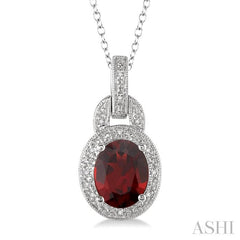 9x7 MM Oval Cut Garnet and 1/20 Ctw Round Cut Diamond Pendant in Sterling Silver with Chain
