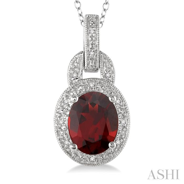 9x7 MM Oval Cut Garnet and 1/20 Ctw Round Cut Diamond Pendant in Sterling Silver with Chain
