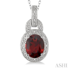 9x7 MM Oval Cut Garnet and 1/20 Ctw Round Cut Diamond Pendant in Sterling Silver with Chain