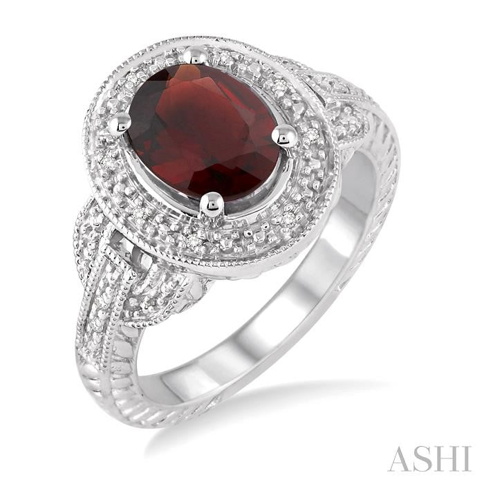 9x7 MM Oval Cut Garnet and 1/20 Ctw Round Cut Diamond Ring in Sterling Silver