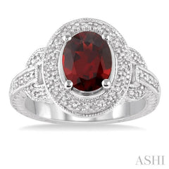9x7 MM Oval Cut Garnet and 1/20 Ctw Round Cut Diamond Ring in Sterling Silver