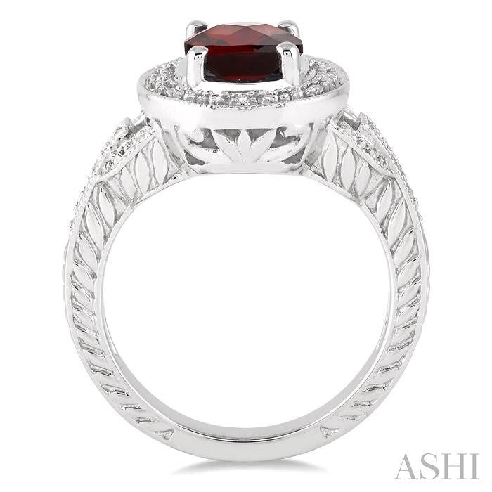 9x7 MM Oval Cut Garnet and 1/20 Ctw Round Cut Diamond Ring in Sterling Silver