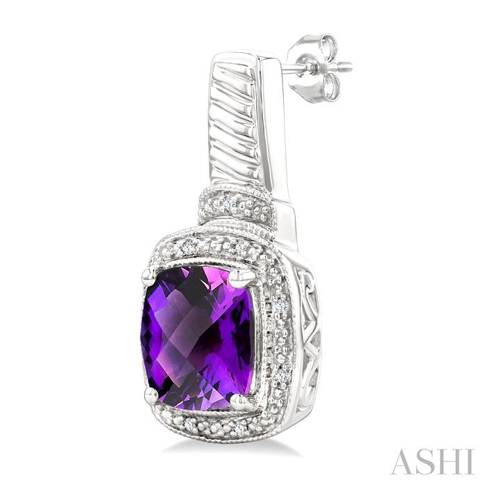 8x8 MM Cushion Shape Amethyst and 1/20 Ctw Round Cut Diamond Earrings in Sterling Silver