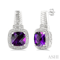 8x8 MM Cushion Shape Amethyst and 1/20 Ctw Round Cut Diamond Earrings in Sterling Silver