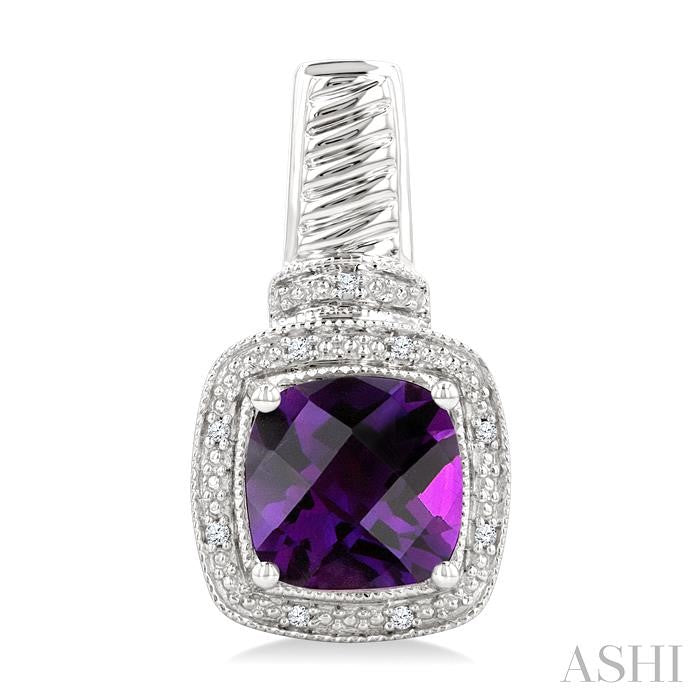 8x8 MM Cushion Shape Amethyst and 1/20 Ctw Round Cut Diamond Earrings in Sterling Silver