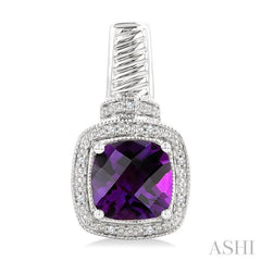 8x8 MM Cushion Shape Amethyst and 1/20 Ctw Round Cut Diamond Earrings in Sterling Silver