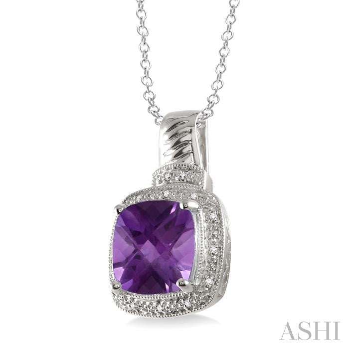 10x10 MM Cushion Shape Amethyst and 1/20 Ctw Round Cut Diamond Pendant in Sterling Silver with Chain