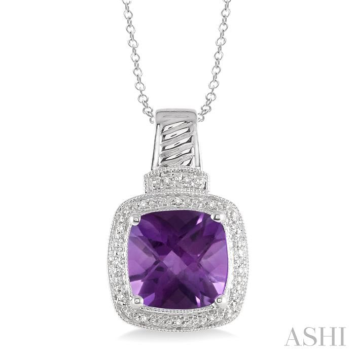 10x10 MM Cushion Shape Amethyst and 1/20 Ctw Round Cut Diamond Pendant in Sterling Silver with Chain