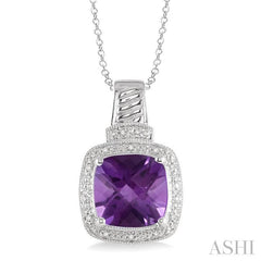 10x10 MM Cushion Shape Amethyst and 1/20 Ctw Round Cut Diamond Pendant in Sterling Silver with Chain