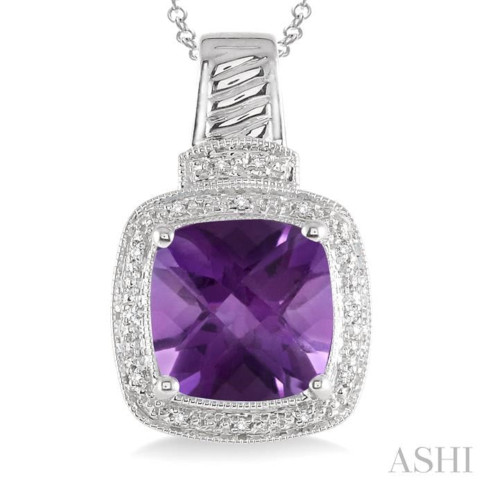 10x10 MM Cushion Shape Amethyst and 1/20 Ctw Round Cut Diamond Pendant in Sterling Silver with Chain