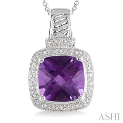 10x10 MM Cushion Shape Amethyst and 1/20 Ctw Round Cut Diamond Pendant in Sterling Silver with Chain