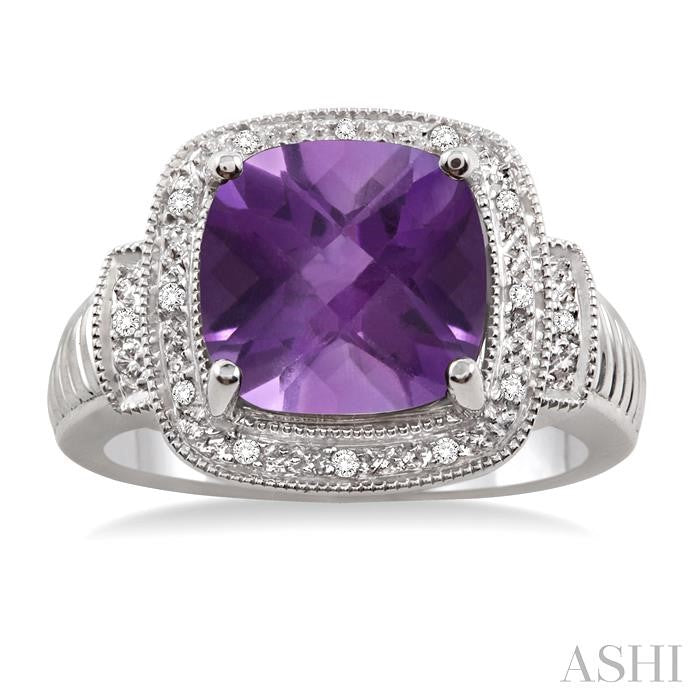 10x10 MM Cushion Shape Amethyst and 1/20 Ctw Round Cut Diamond Ring in Sterling Silver