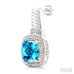 8x8 MM Cushion Shape Blue Topaz and 1/20 Ctw Round Cut Diamond Earrings in Sterling Silver