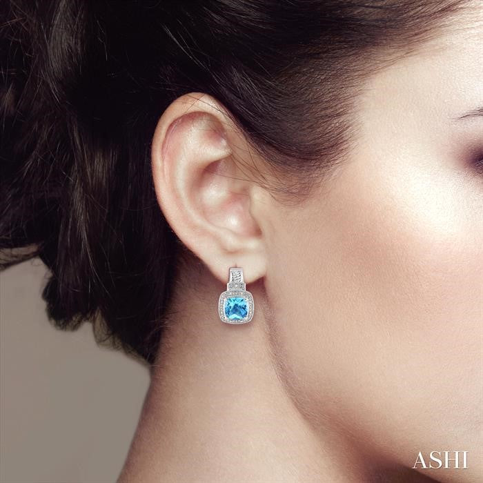 8x8 MM Cushion Shape Blue Topaz and 1/20 Ctw Round Cut Diamond Earrings in Sterling Silver