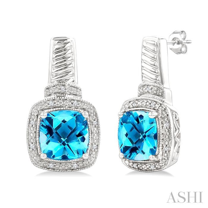 8x8 MM Cushion Shape Blue Topaz and 1/20 Ctw Round Cut Diamond Earrings in Sterling Silver
