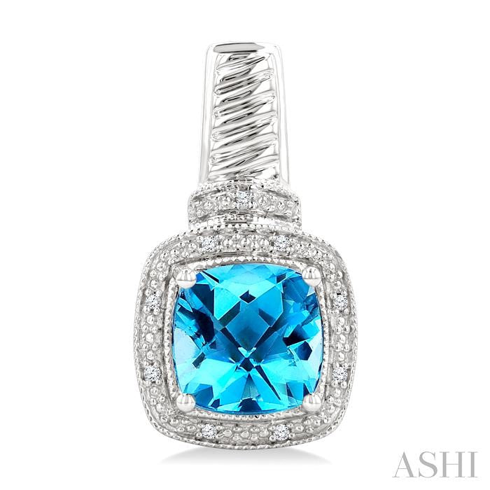 8x8 MM Cushion Shape Blue Topaz and 1/20 Ctw Round Cut Diamond Earrings in Sterling Silver