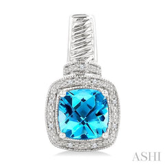 8x8 MM Cushion Shape Blue Topaz and 1/20 Ctw Round Cut Diamond Earrings in Sterling Silver