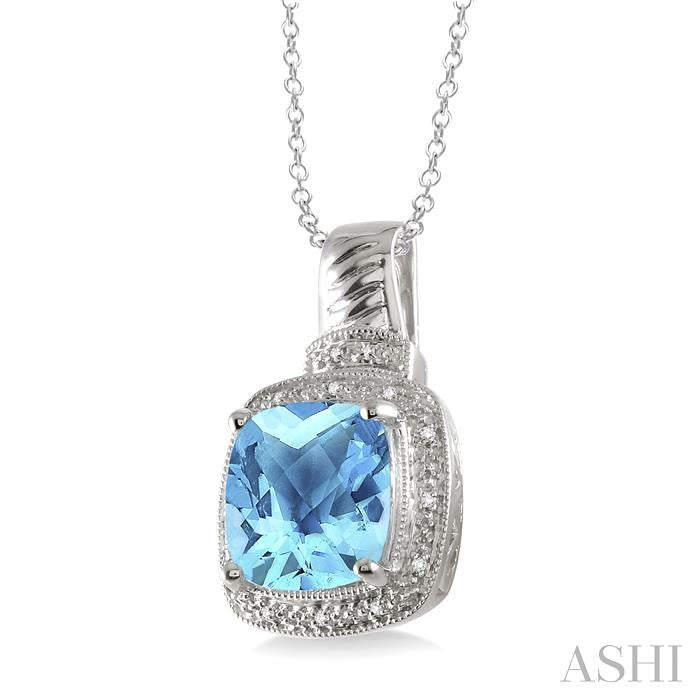 10x10 MM Cushion Shape Blue Topaz and 1/20 Ctw Round Cut Diamond Pendant in Sterling Silver with Chain