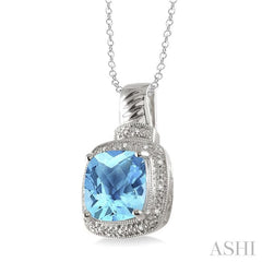 10x10 MM Cushion Shape Blue Topaz and 1/20 Ctw Round Cut Diamond Pendant in Sterling Silver with Chain