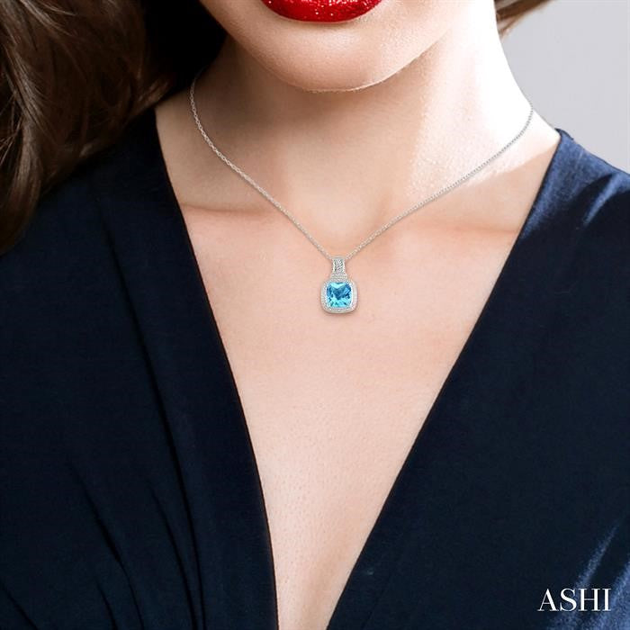 10x10 MM Cushion Shape Blue Topaz and 1/20 Ctw Round Cut Diamond Pendant in Sterling Silver with Chain