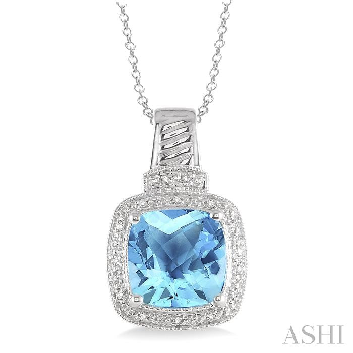 10x10 MM Cushion Shape Blue Topaz and 1/20 Ctw Round Cut Diamond Pendant in Sterling Silver with Chain
