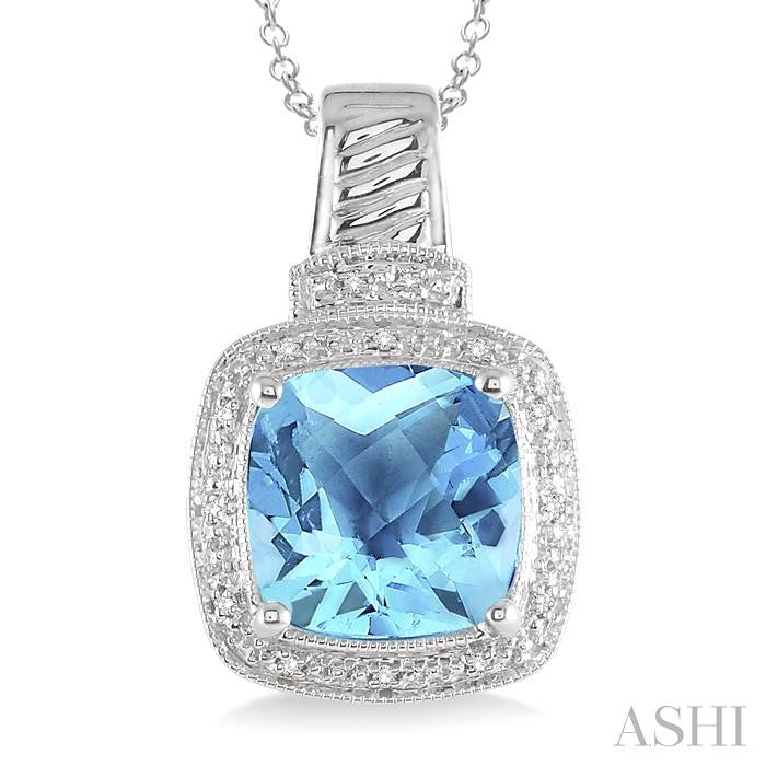 10x10 MM Cushion Shape Blue Topaz and 1/20 Ctw Round Cut Diamond Pendant in Sterling Silver with Chain