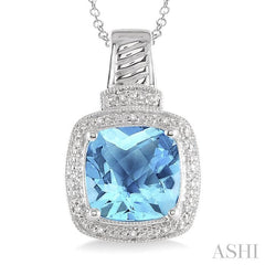 10x10 MM Cushion Shape Blue Topaz and 1/20 Ctw Round Cut Diamond Pendant in Sterling Silver with Chain