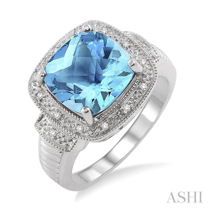 10x10 MM Cushion Shape Blue Topaz and 1/20 Ctw Round Cut Diamond Ring in Sterling Silver