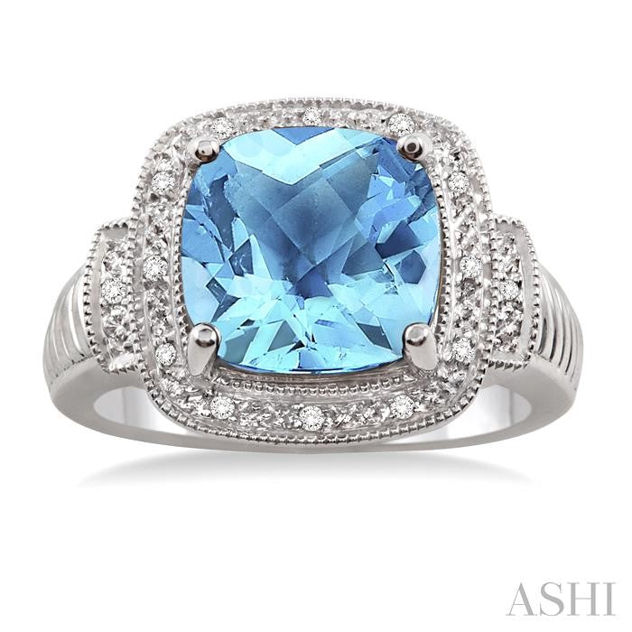 10x10 MM Cushion Shape Blue Topaz and 1/20 Ctw Round Cut Diamond Ring in Sterling Silver