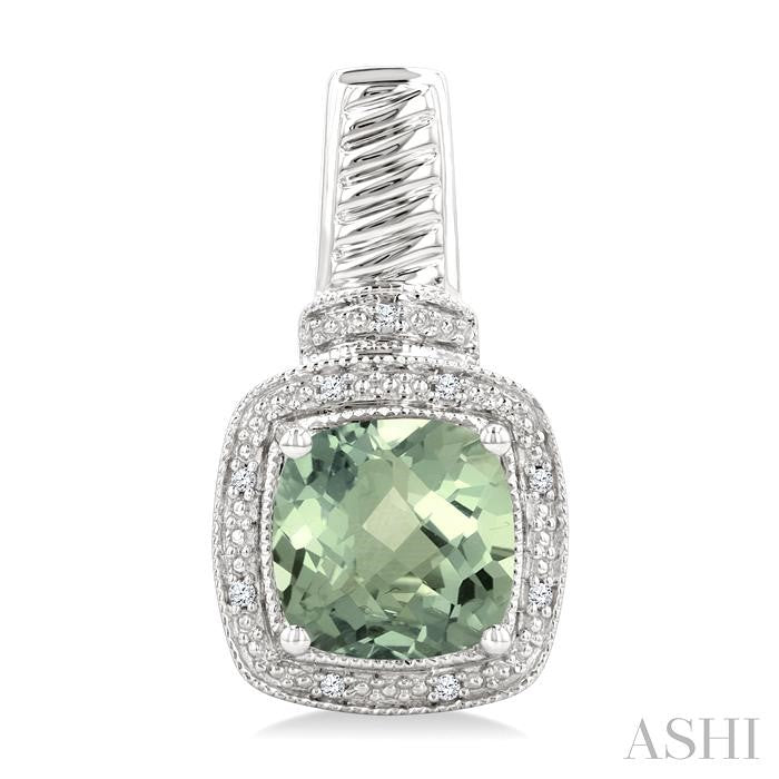 8x8 MM Cushion Shape Green Amethyst and 1/20 Ctw Single Cut Diamond Earrings in Sterling Silver