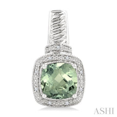 8x8 MM Cushion Shape Green Amethyst and 1/20 Ctw Round Cut Diamond Earrings in Sterling Silver