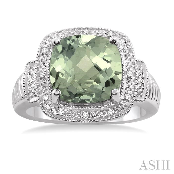 10x10 MM Cushion Shape Green Amethyst and 1/20 Ctw Round Cut Diamond Ring in Sterling Silver