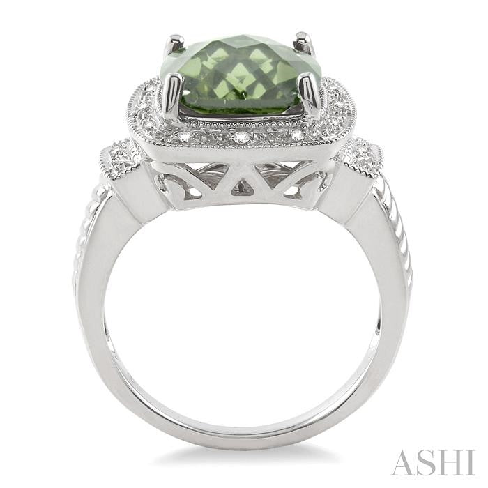 10x10 MM Cushion Shape Green Amethyst and 1/20 Ctw Round Cut Diamond Ring in Sterling Silver