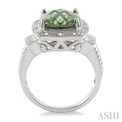 10x10 MM Cushion Shape Green Amethyst and 1/20 Ctw Round Cut Diamond Ring in Sterling Silver