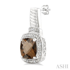 8x8 MM Cushion Shape Smoky Quartz and 1/20 Ctw Round Cut Diamond Earrings in Sterling Silver