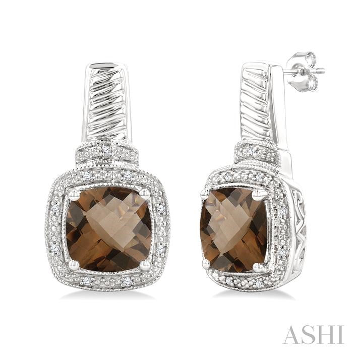8x8 MM Cushion Shape Smoky Quartz and 1/20 Ctw Round Cut Diamond Earrings in Sterling Silver