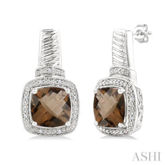 8x8 MM Cushion Shape Smoky Quartz and 1/20 Ctw Round Cut Diamond Earrings in Sterling Silver