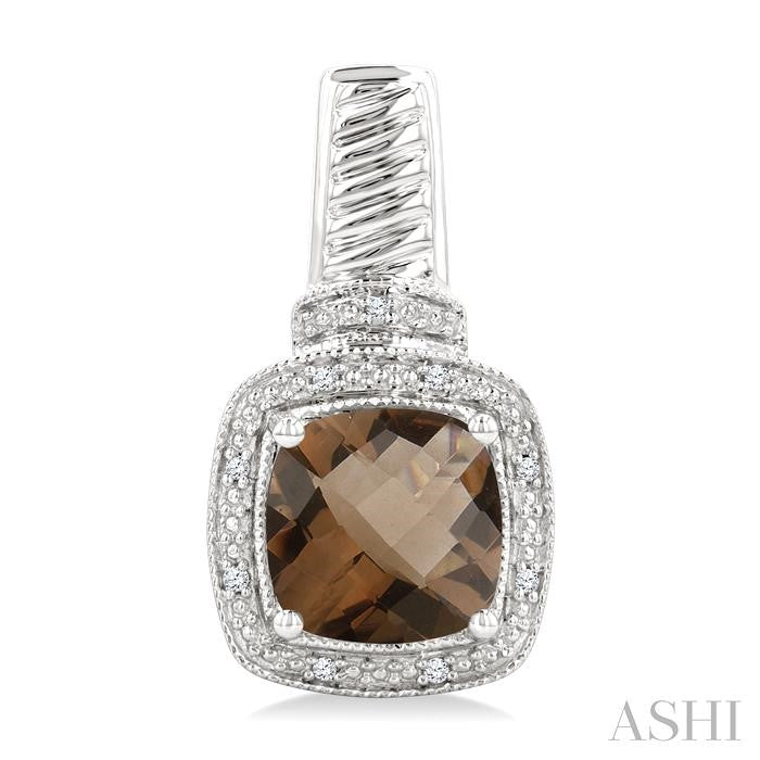 8x8 MM Cushion Shape Smoky Quartz and 1/20 Ctw Round Cut Diamond Earrings in Sterling Silver