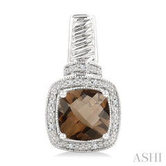 8x8 MM Cushion Shape Smoky Quartz and 1/20 Ctw Round Cut Diamond Earrings in Sterling Silver