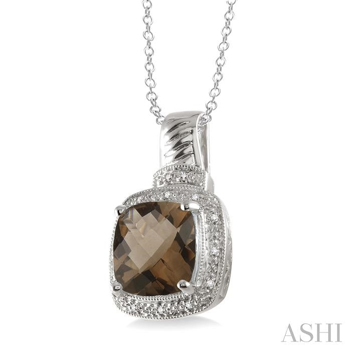 10x10 MM Cushion Shape Smoky Quartz and 1/20 Ctw Round Cut Diamond Pendant in Sterling Silver with Chain