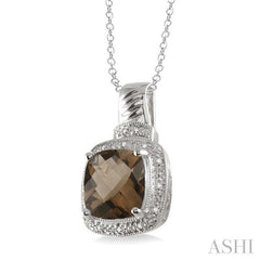 10x10 MM Cushion Shape Smoky Quartz and 1/20 Ctw Round Cut Diamond Pendant in Sterling Silver with Chain