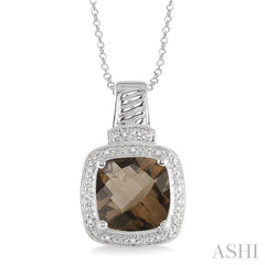 10x10 MM Cushion Shape Smoky Quartz and 1/20 Ctw Round Cut Diamond Pendant in Sterling Silver with Chain