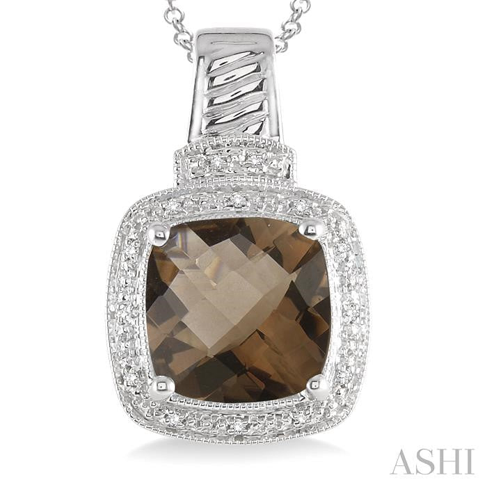 10x10 MM Cushion Shape Smoky Quartz and 1/20 Ctw Round Cut Diamond Pendant in Sterling Silver with Chain