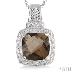 10x10 MM Cushion Shape Smoky Quartz and 1/20 Ctw Round Cut Diamond Pendant in Sterling Silver with Chain