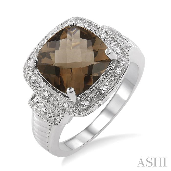 10x10 MM Cushion Shape Smoky Quartz and 1/20 Ctw Round Cut Diamond Ring in Sterling Silver