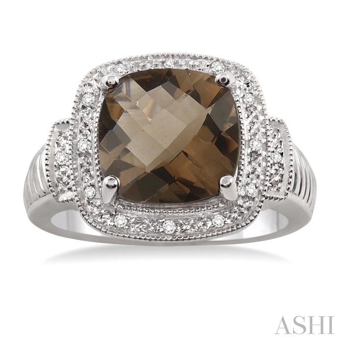 10x10 MM Cushion Shape Smoky Quartz and 1/20 Ctw Round Cut Diamond Ring in Sterling Silver