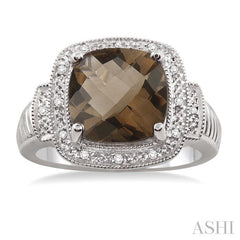 10x10 MM Cushion Shape Smoky Quartz and 1/20 Ctw Round Cut Diamond Ring in Sterling Silver