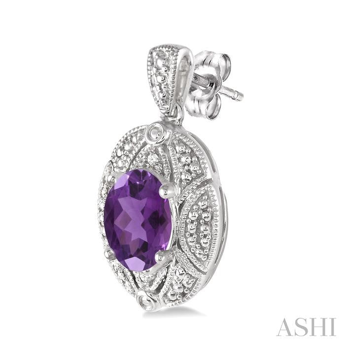 8x6 MM Oval Cut Amethyst and 1/50 Ctw Round Cut Diamond Earrings in Sterling Silver