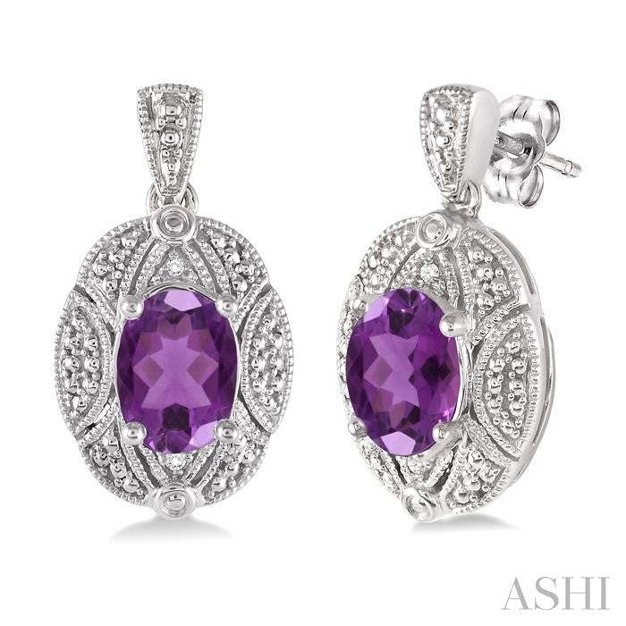 8x6 MM Oval Cut Amethyst and 1/50 Ctw Round Cut Diamond Earrings in Sterling Silver