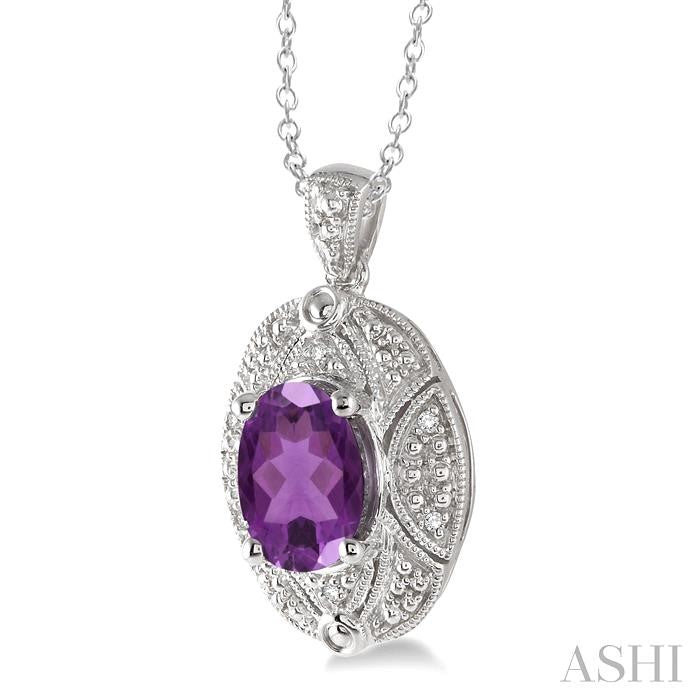 9x7 MM Oval Cut Amethyst and 1/50 Ctw Round Cut Diamond Pendant in Sterling Silver with Chain